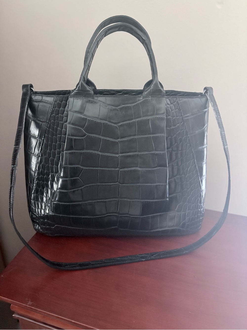 Furla Black Croc-Embossed Tote Bag with Removable Strap - EUC